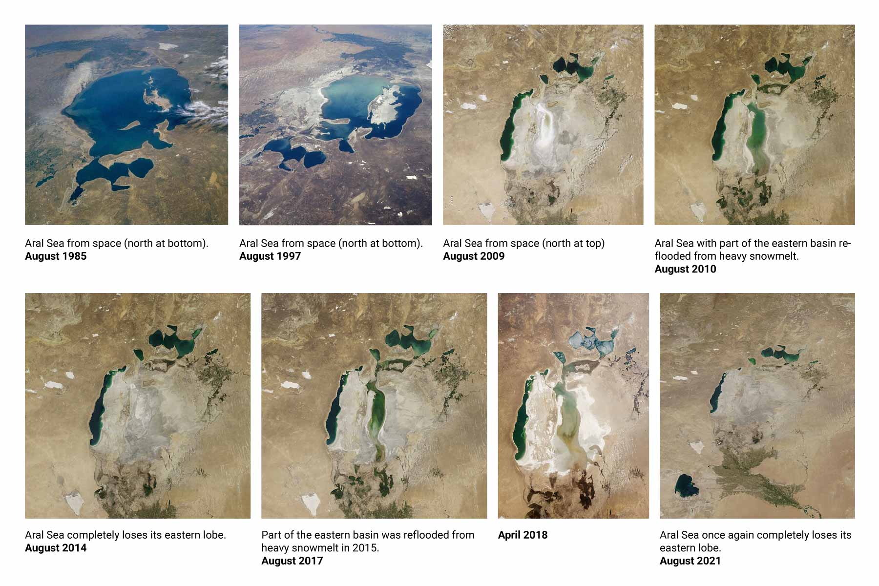 Satellite images show the changing water levels in the Aral Sea from 1985 to 2021.