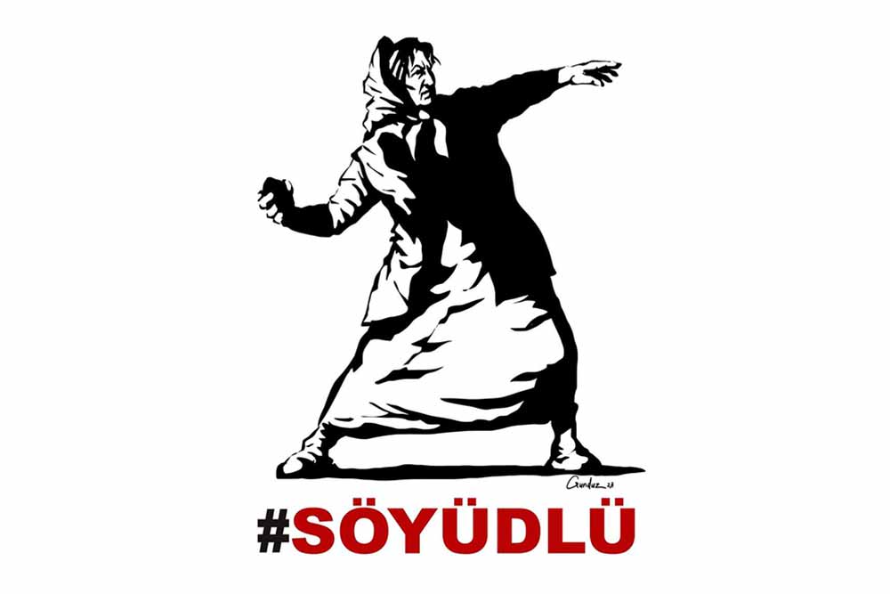 Azerbaijani cartoonist Gündüz Ağayev created this image to raise awareness about the protest of Soyudlu's residents. Most of the protesters confronting the police have been older women.