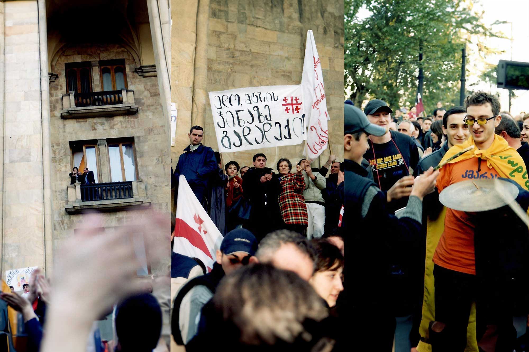 [left] Nino Burjanadze and Zurab Jvania, leaders of the political alliance Burjanadze-Democrats, addressing protesters in front of the Georgian Parliament in November 2003. On November 7th, the alliance boycotted the results of the parliamentary elections held on November 2, triggering mass protests that ultimately resulted in a change of government and the resignation of President Eduard Shevardnadze. [centre] Protesters holding a sign that reads, "Edo (referring colloquially to the then-President of Georgia, Eduard Shevardnadze), please resign in defiance of our adversaries." [right] Activist of Kamara Movement (Kmara translates as Enough from Georgian) cheering up protesters. The resistance movement played a key role in mobilizing youth to protest against the ruling political party Union of Citizens of Georgia and the then-President of Georgia, Eduard Shevardnadze, ultimately leading to a historical peaceful change of government, November 2003. © Irma Bajelidze