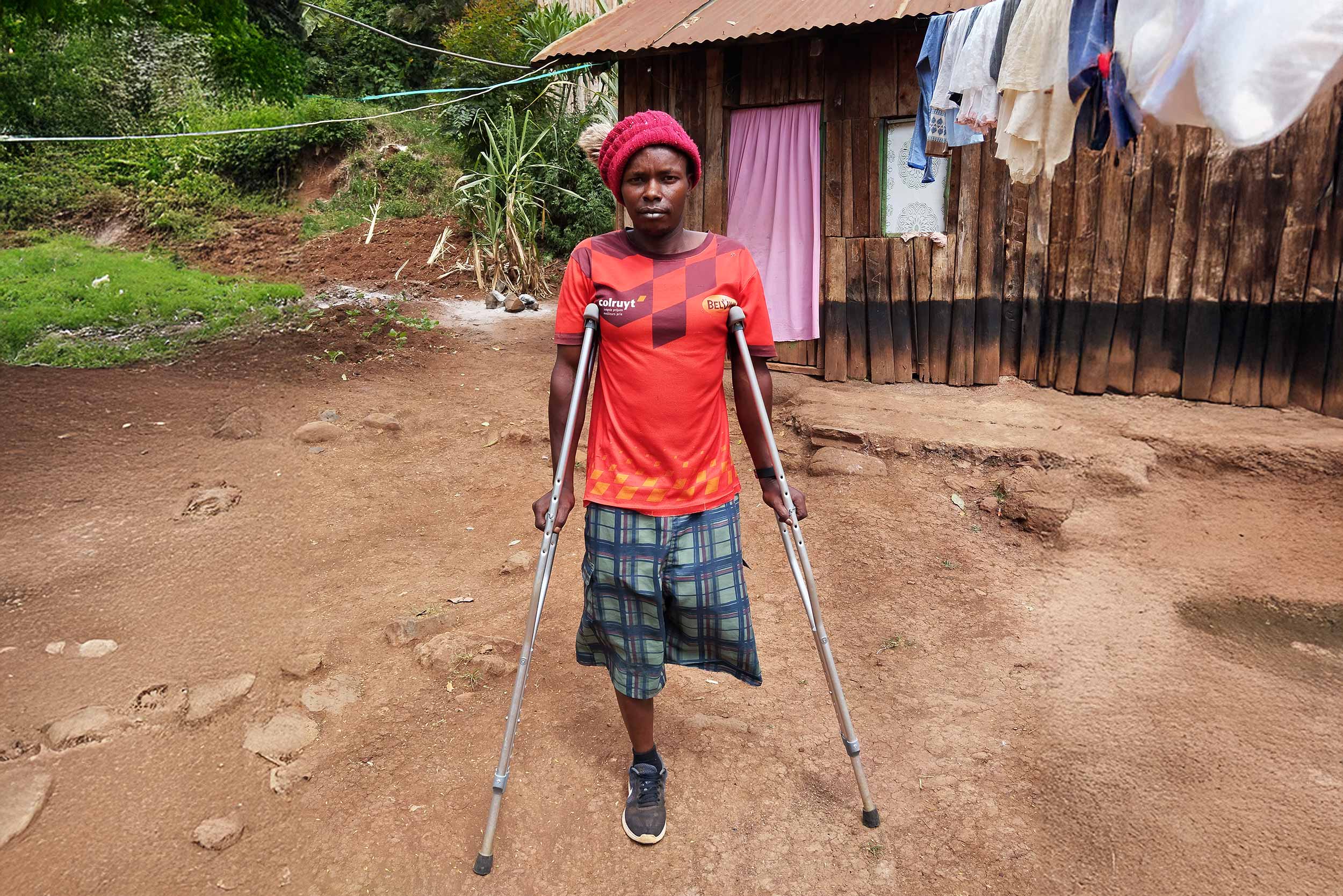 Daniel Ndirangu lost his left leg after being shot during anti-finance bill protests. © Thomas Mukhwana/IWPR