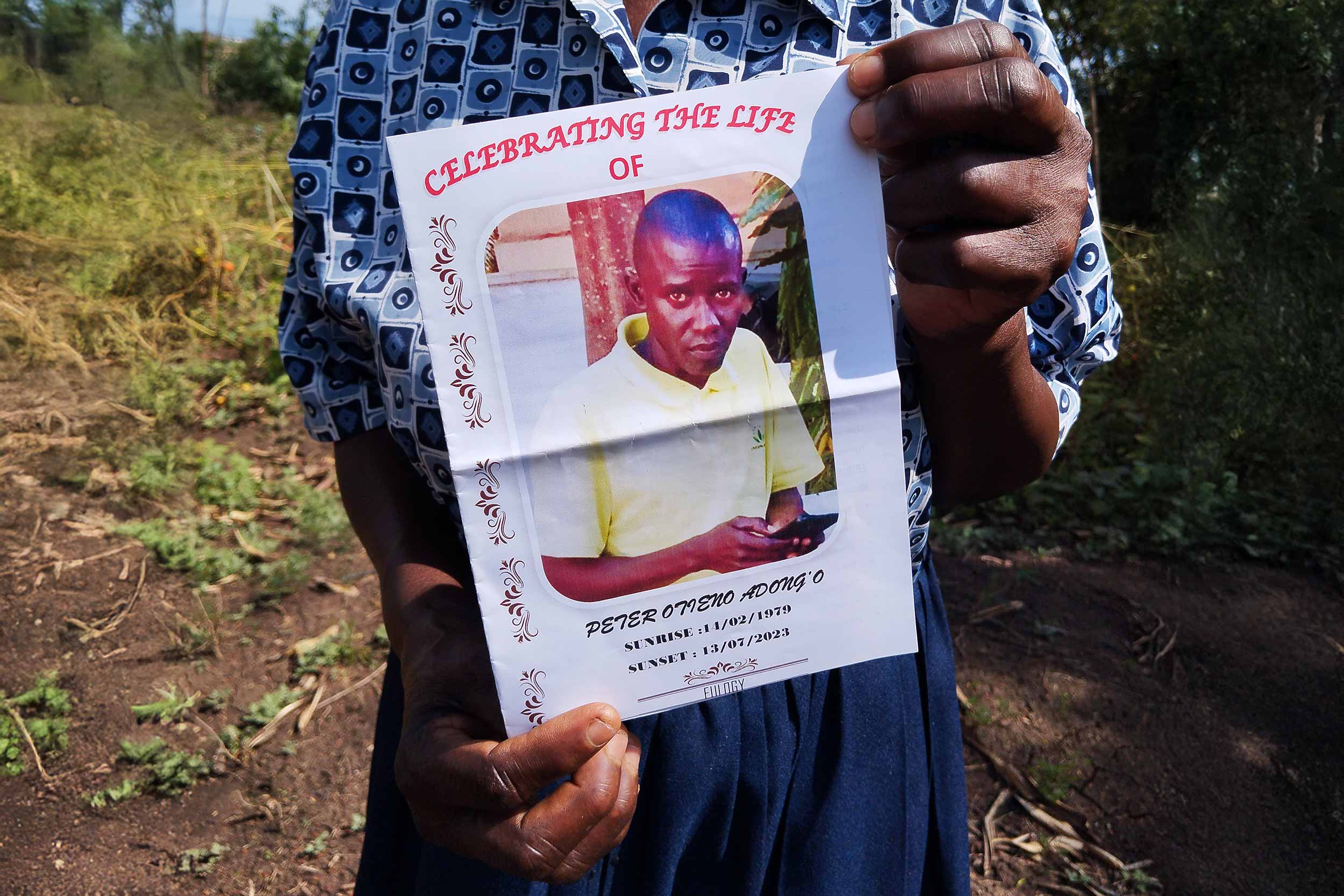 Peter Otieno’s funeral pamphlet. He died from injuries allegedly inflicted by police during protests in Kondele, Kisumu County, on July 12, 2023. © Thomas Mukhwana/IWPR