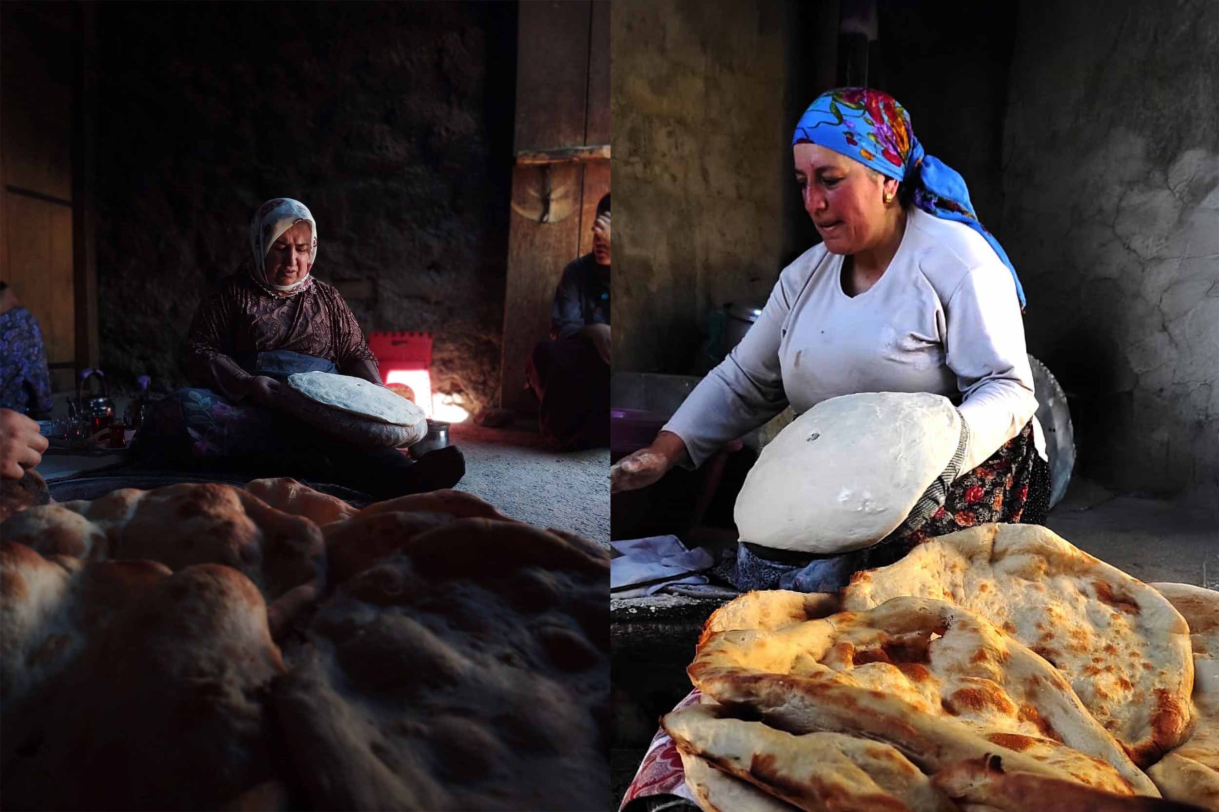 (Left) In rural Van, women still bake the bread in the traditional manner. It’s hard work. (Right) Gülçin Hakan prepares the tandır bread. © Fatma Nur Polatcan