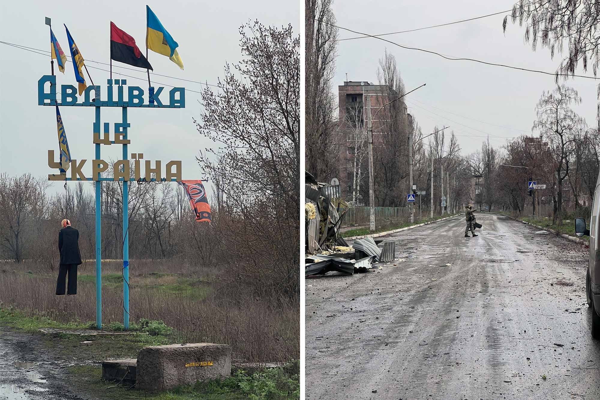 (L) The entrance to Avdiivka. (R) Member of the White Angel crew looking for any remaining residents still living in Avdiivka. © O. Golovina