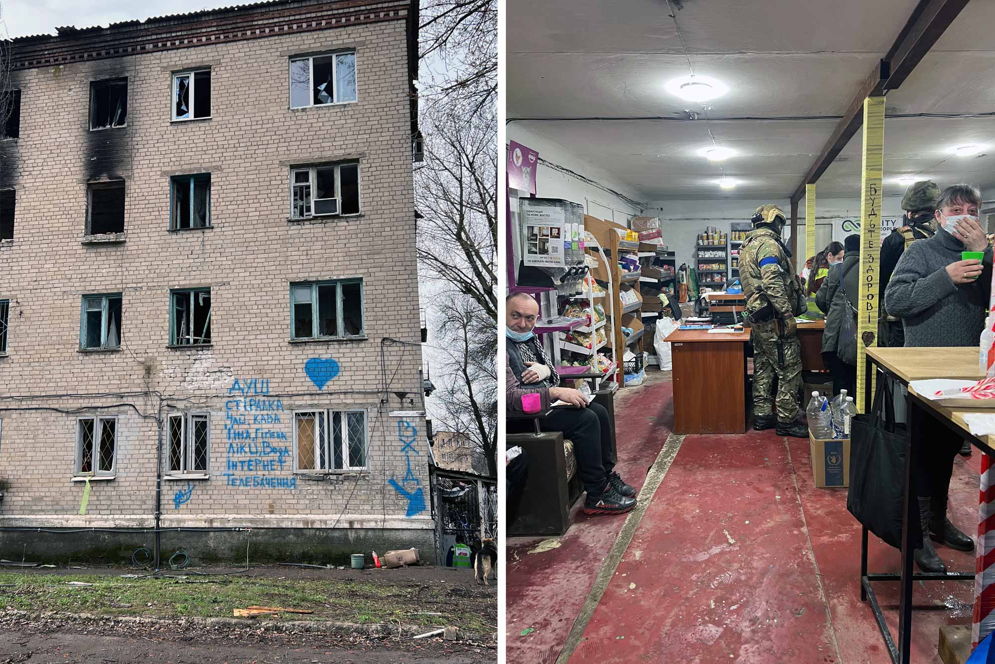 (L) Entrance to the volunteer hub, marked with blue paint, in basement of a residential block. (R) The interior of the volunteer hub in Avdiivka where people can get food, take showers or wash their clothes. © O. Golovina