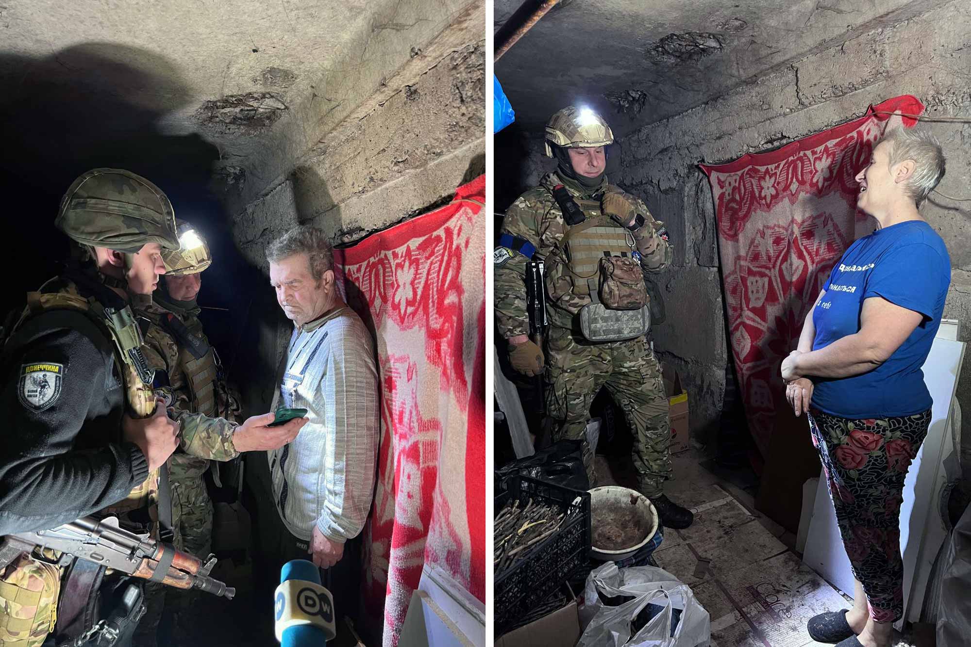 (L) Member of the of White Angel crew trying to persuade a local resident Valeriy Oleynikov to evacuate. (R) Iryna, a local resident who refuses to leave Avdiivka and lives in a basement with her son, cats and dogs. © O. Golovina