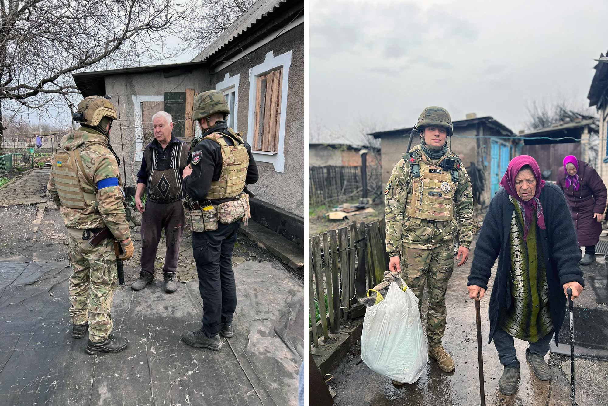 (L) The White Angel crew asking Tymofiy who lives in a private house to evacuate. (R) Dmytro Solovey, a member of White Angel crew, evacuating residents of Avdiivka. © O. Golovina
