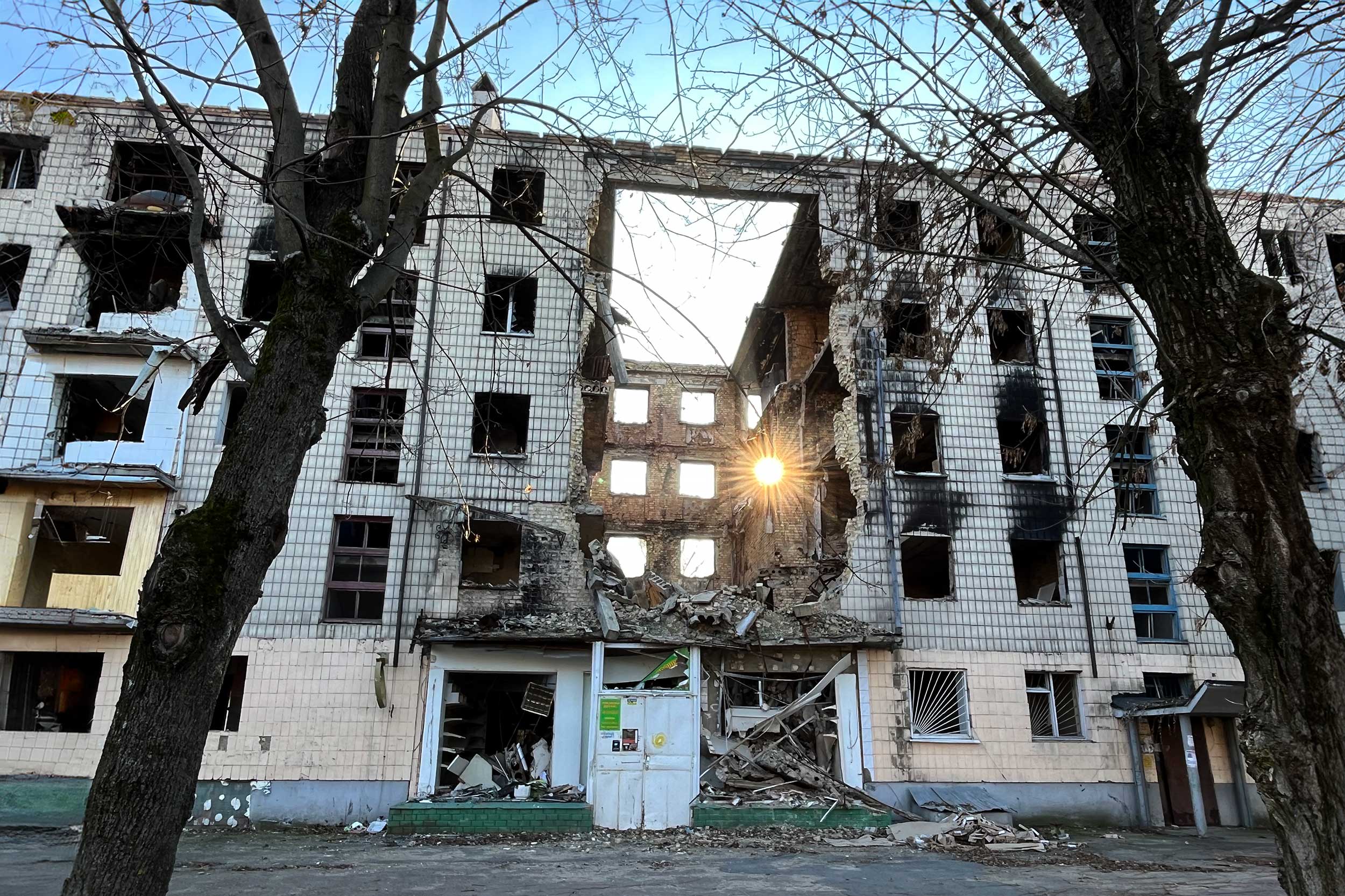 Bombed-out apartment blocks on Tsentralnaya Street in Borodyanka, Ukraine, 28 November 2023. © Iryna Domashchenko