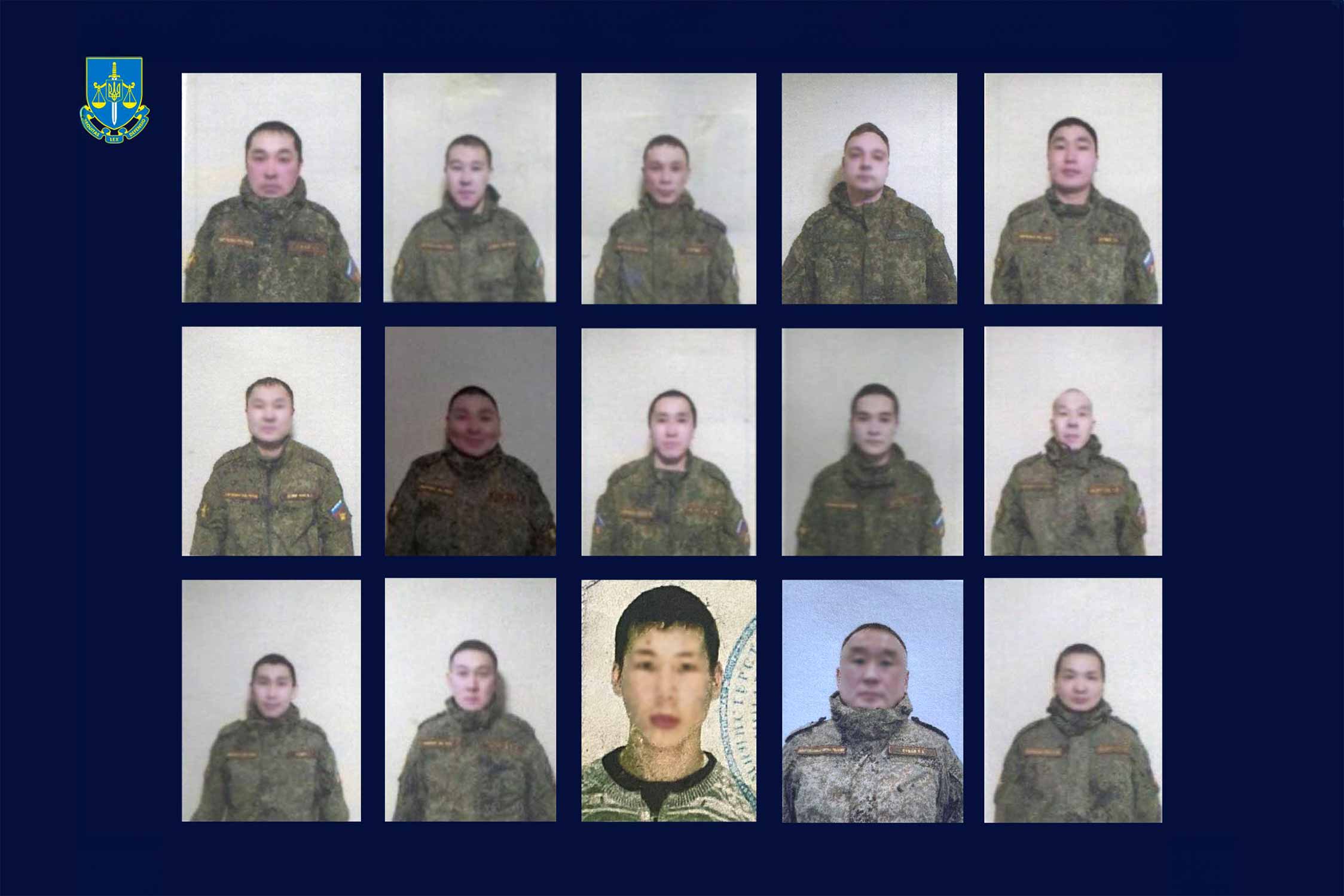 Photo of the 15 Russian soldiers tried in absentia for holding 368 Ukrainian civilians in the basement of the school in the village of Yahidne in March 2022. © Ukraine's Prosecutor General's Office