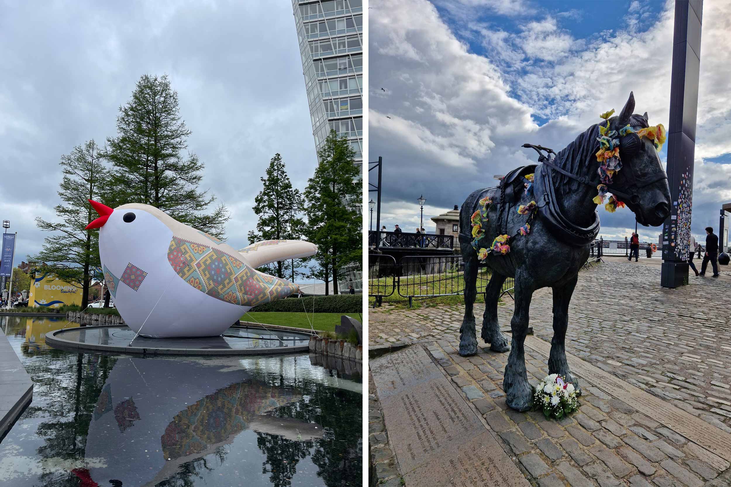 (left) The soloveiko, meaning nightingale in Ukrainian, is Ukraine's national bird and it represents songs and happiness. Twelve soloveiko from different regions of Ukraine travelled to Liverpool to represent the country's songs and stories to the 2023 Eurovision song contest. © Anna Kovalska (right) In Liverpool a statue of a horse was decorated with traditional Ukrainian flowers. © Anatoliy Dobrovolskiy