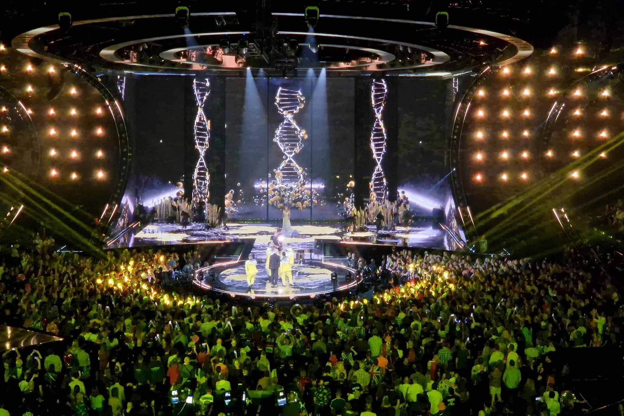 A performance during the semi-final of the 2023 Eurovision song contest, which is held in Liverpool, UK. © Anatoliy Dobrovolskiy
