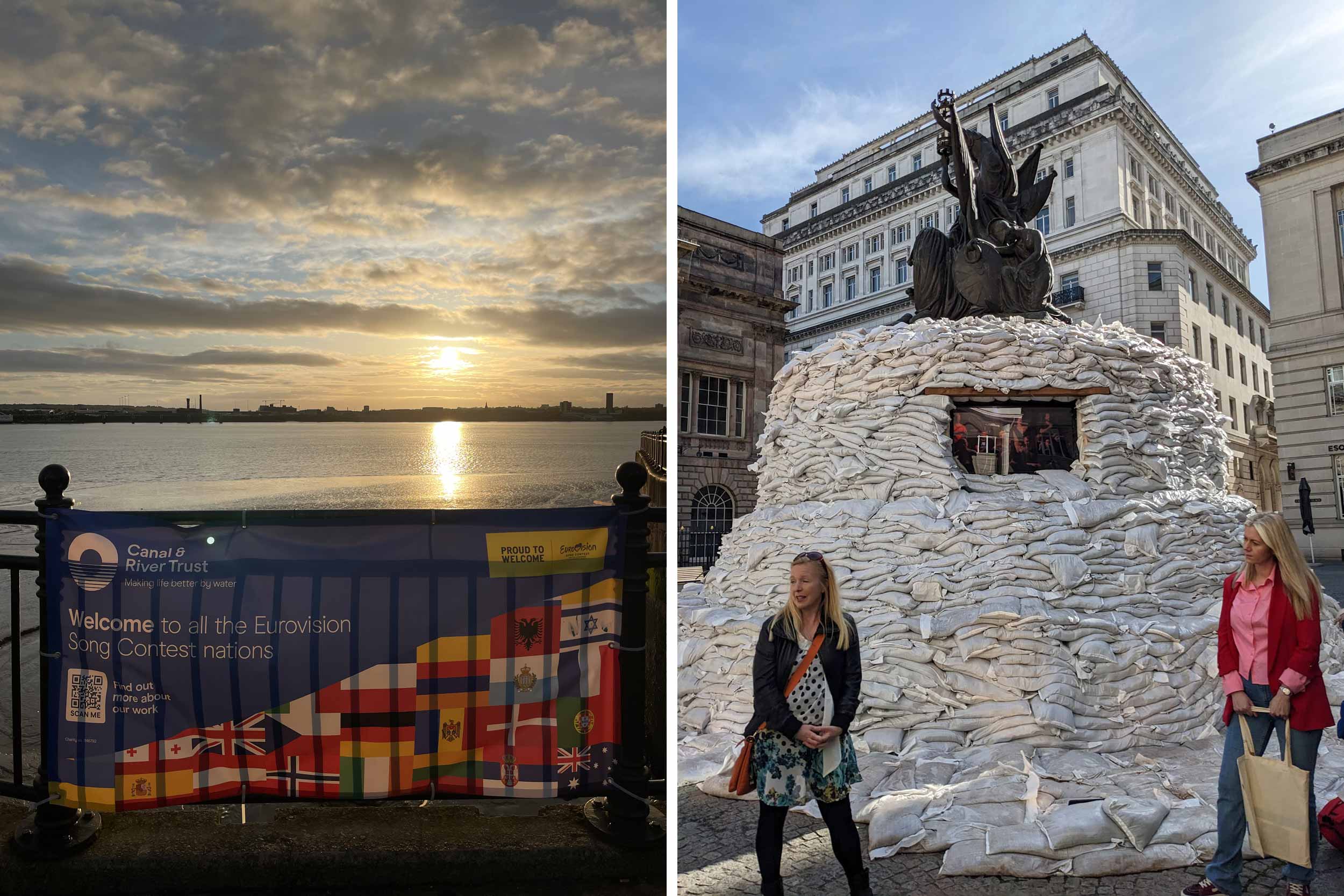 (left) Banners of the Eurovision song contest are all over Liverpool, the city hosting the 2023 edition on behalf of Ukraine. The Ukrainian Orchestra Kalush won in 2022, but could not host the event due to the ongoing Russian invasion. © Anna Kovalska (right) In Liverpool, a monument to Admiral Horatio Nelson was covered with sandbags as a sign of solidarity towards Ukraine. The UK is hosting the 2023 Eurovision Song Contest on behalf of Ukraine, which won the 2022 edition but could not hold the event due to the ongoing Russian invasion. © Marina Pesenti 