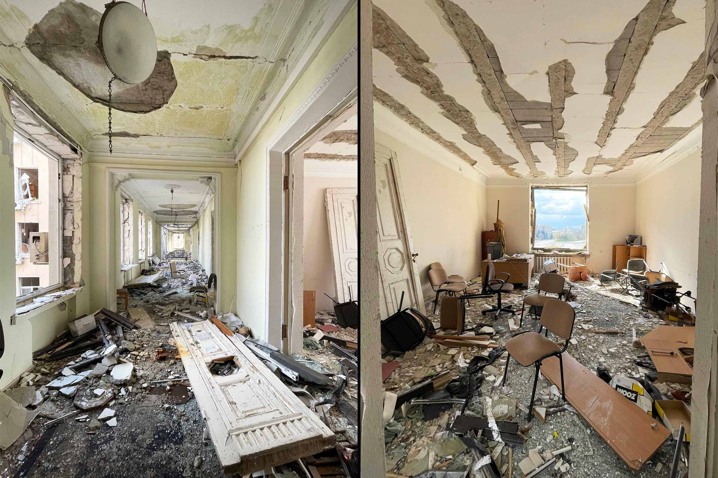 The destroyed interior of Kharkiv’s Regional State Administration. The large 6-storey building was hit by a Russian Kalibr cruise missile on 1 March. © Maria Avdeeva
